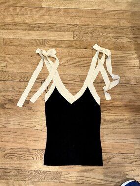 Grey Lab Black Ribbed Knit Tank Cream Tie Straps M NWT